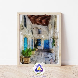Druckbare Larnaca Zylinder Aquarell Malerei, Wandkunst, digitaler Download, druckbare Kunst,Zypern Haus, Kunstdruck Wohnkultur