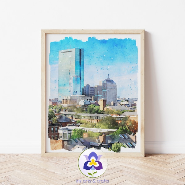 Printable Boston Skyline Watercolor Painting, Instant Digital Download Cityscape Painting Watercolor Print Home Decor John Hancock Tower