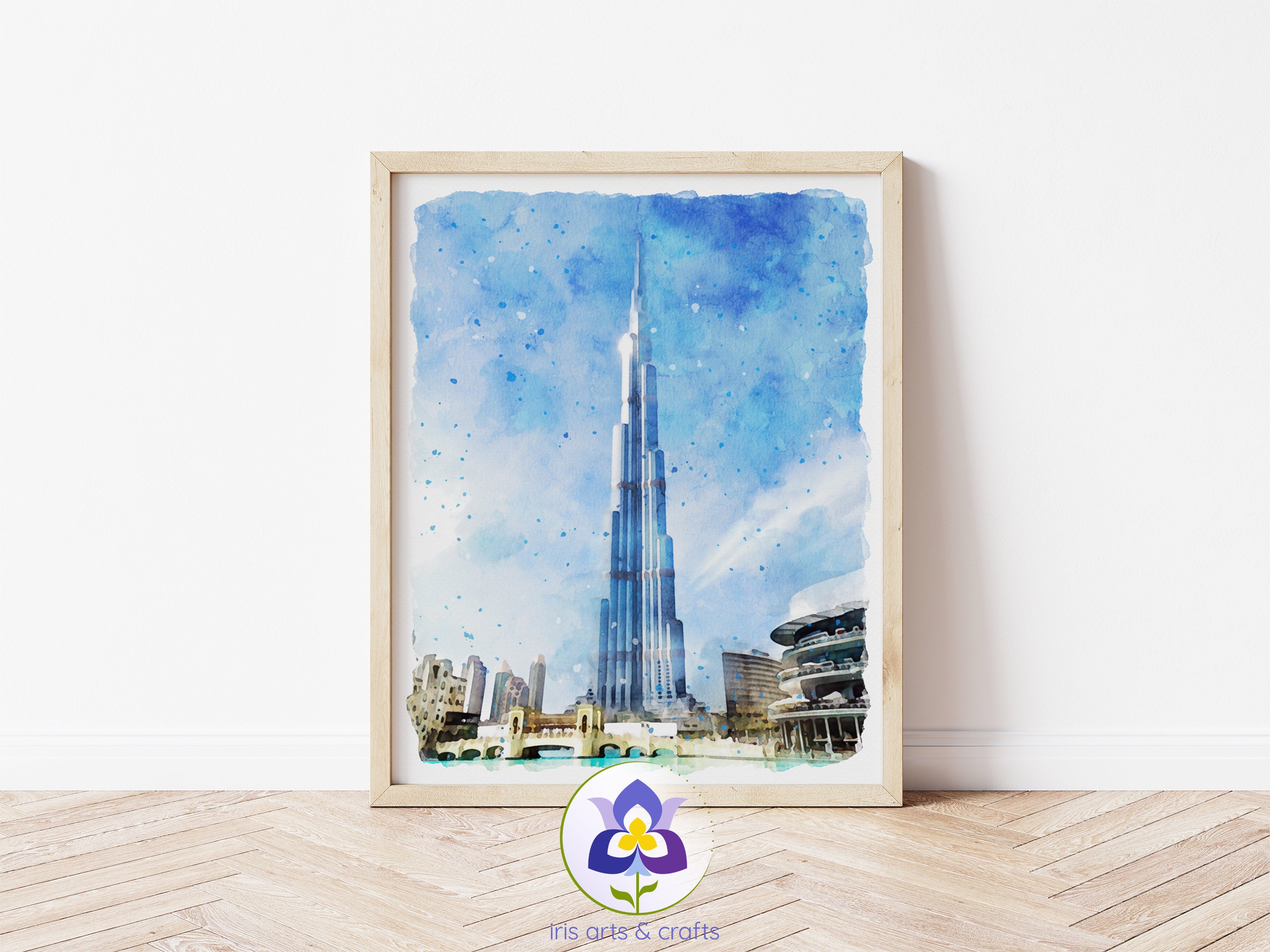 Printable Burj Khalifa UAE, Dubai Mall Watercolor Painting, United Arab