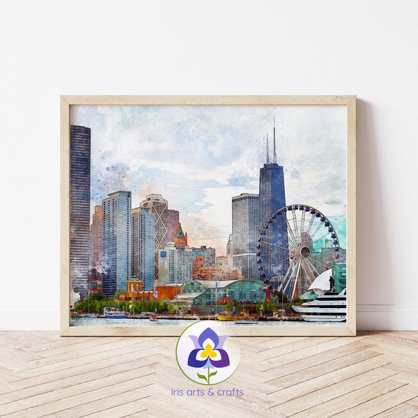 Chicago Skyline Watercolor Painting, Printable Art, Navy Pier Print Chicago painting Chicago Wall Art Instant Download Cityscape Home Decor