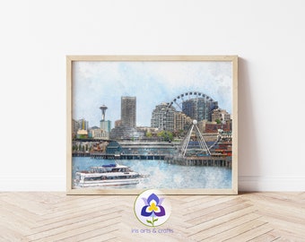 Seattle Skyline Watercolor Painting, Space Needle, Ferry Boat (Digital Download)