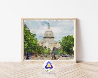 Printable Washington DC Skyline, Washington Watercolor Painting, Washington DC Poster, Capitol Dome, Instant Download, USA Travel Art Gift