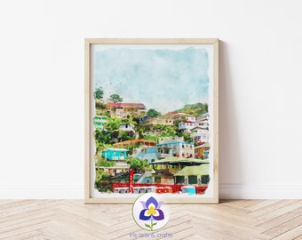 Printable Roseau Dominica Houses, Watercolor Painting, Home Decor, Digital Instant Download, Caribbean Country, Island Travel Gift Souvenir