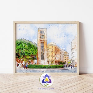 May include: A watercolor painting of a clock tower in a city setting. The tower is a light yellow color with a clock face and a tall spire. The building is surrounded by other buildings and trees. The painting has a soft, dreamy feel.