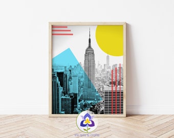 Ligne d'horizon de New York noir et blanc, photographie géométrique abstraite, Empire State Building art mural imprimable téléchargement immédiat décoration d'intérieur