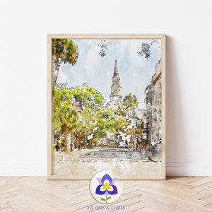 Charleston South Carolina Skyline Urban Painting, Printable Watercolor, Instant Download, Wall Art, Home Decor, Travel Art, United States