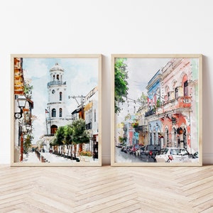 Printable Santo Domingo and Old San Juan Set, Dominican Republic, Puerto Rico, Watercolor Sketch Caribbean Art, Home decor Travel Wall Art