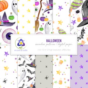 Watercolor Halloween Patterns, Seamless Ghost, Pumpkin (Digital Paper Set)