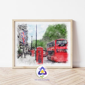 London Watercolor Painting, London Art Print, Telephone Booth Print, London Painting, Watercolor Painting, London Bus Print