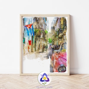 Printable Havana Cuba Painting, Watercolor Wall Art, Home Decor, Digital Art, Instant Download, Colorful Painting, Travel Art, Street Scene