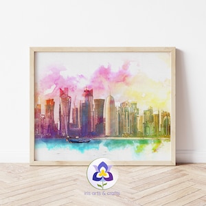 Doha Skyline Watercolor Landscape Painting, Printable Wall Art, Instant Download, Art Print, Doha Qatar, Middle East Painting, Home Decor