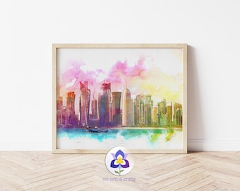 Peinture de paysage aquarelle Skyline de Doha, art mural imprimable, téléchargement immédiat, impression d'art, Doha Qatar, peinture du Moyen-Orient, décoration d'intérieur