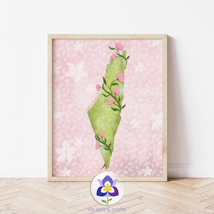 Palestine Map with flowers wrapped around it, Digital painting, Instant Download, Printable Art, Floral Art, Home Decor