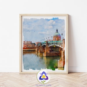 Toulouse France Watercolor Painting Print, Instant Download, Wall Art, Landscape Painting, Bridge Watercolor, France Watercolor Art Print