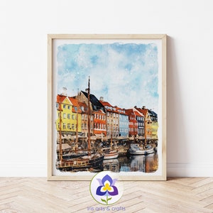 Imprimible Nyhavn Copenhague pintura de acuarela, arte de la pared, descarga instantánea, cartel de Dinamarca, decoración del hogar, recuerdo de regalo de viaje