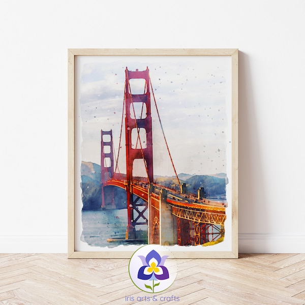 Printable San Francisco Skyline, Golden Gate Bridge, Watercolor Painting, USA Travel Art, Bridge Home Decor, Wall Art Print Instant Download