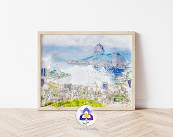 Impresión en acuarela del horizonte de Río de Janeiro, arte turístico de Brasil (descarga digital)