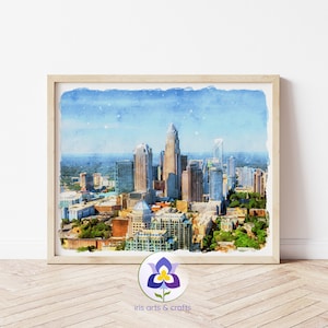 Charlotte Skyline Watercolor Painting, Printable Art, North Carolina Printable Wall Art, Instant Download Cityscape Home Decor, USA Travel