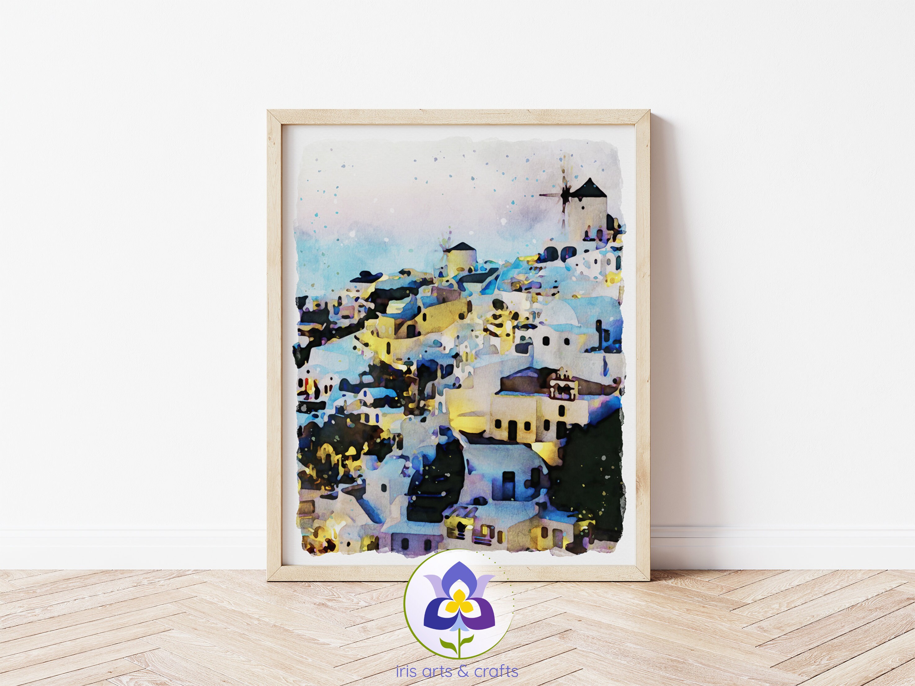 Printable Santorini Skyline, Greece Watercolor Painting, Wall Art, Digital Download, Travel Souvenir, Home Decor, Greek Houses, Windmills