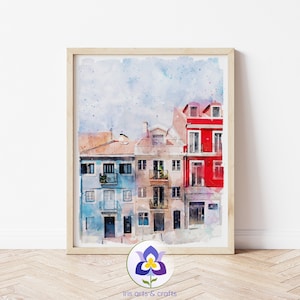 Printable Lisbon Houses,  Santo António, Lisboa Portugal, Colorful Urban Watercolor Painting, Instant Download Home Decor, Europe Travel Art