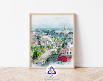 Washington DC Skyline Watercolor Art Print, USA Capitol (Digital Download)