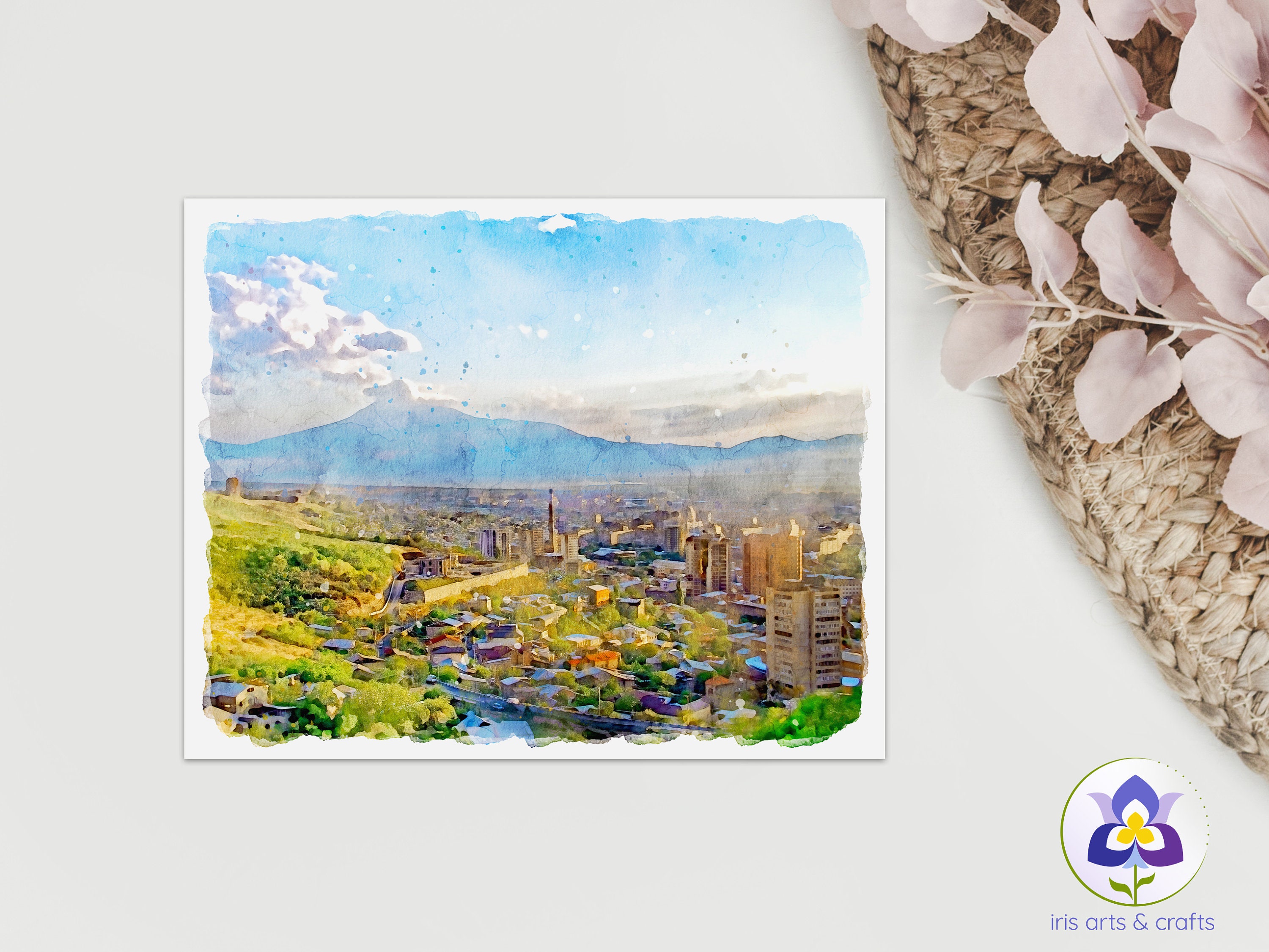 Printable Yerevan Armenia Skyline Watercolor Painting, Armenia Art