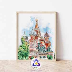 Moscow Painting, Saint Basil&#39;s Cathedral, Moscow Onion Domes, Russia Printable Art, Urban Watercolor Painting, Instant Download, wall art