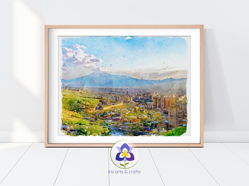 Printable Yerevan Armenia Skyline Watercolor Painting, Armenia Art