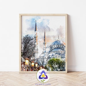 Istanbul Print, Printable Watercolor Painting, Istanbul Turkey Blue Mosque Wall Art, Digital Download Travel Art, Home Decor Instant