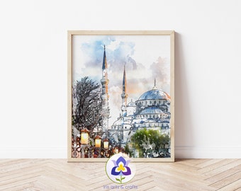 Istanbul Print, Printable Watercolor Painting, Istanbul Turkey Blue Mosque Wall Art, Digital Download Travel Art, Home Decor Instant