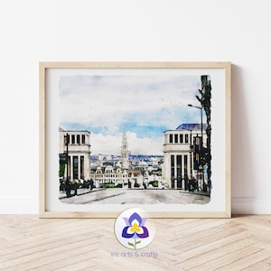 Belgique Bruxelles Aquarelle Peinture, Scène de rue, Art imprimable, Europe Print, Hôtel de Ville de Bruxelles, Souvenir cadeau de voyage, Téléchargement instantané
