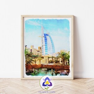 Burj Al Arab UAE, Dubai Watercolor Painting, United Arab Emirates, Tower Print, Arab Country, Travel Art, Dubai Skyline Printable Wall Art