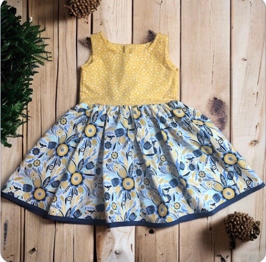 The Best Dressed Child Girls Blue / Yellow Floral Dress - Bows at Sides