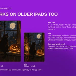 May include: A digital illustration of a black cat sitting on a windowsill next to two jack-o'-lanterns and a lit candle, with a full moon visible through the window. The text includes iPad compatibility, full size, and lite version details.