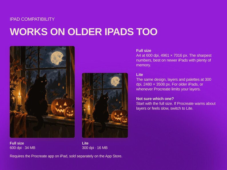 May include: A digital illustration of a black cat sitting on a windowsill next to two jack-o'-lanterns and a lit candle, with a full moon visible through the window. The text includes iPad compatibility, full size, and lite version details.