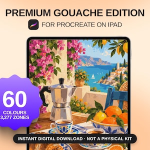 May include: A digital art set titled PREMIUM GOUACHE EDITION FOR PROCREATE ON IPAD featuring a coastal scene with a moka pot, coffee cups, and oranges. A purple badge displays 60 COLOURS and 3,277 ZONES. Text states INSTANT DIGITAL DOWNLOAD NOT A PHYSICAL KIT.