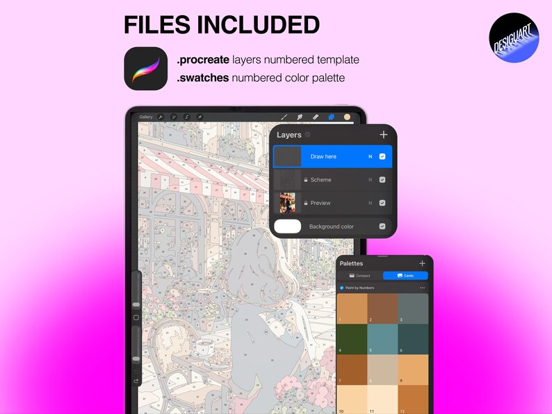 May include: A digital paint-by-number template for Procreate featuring a cafe scene with numbered sections. Includes a layers panel, a numbered color palette, and text stating FILES INCLUDED, .procreate layers numbered template, and .swatches numbered color palette.