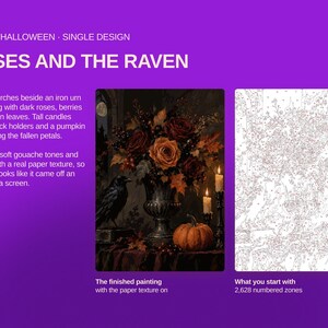 May include: A paint-by-number kit titled ROSES AND THE RAVEN featuring a finished painting of a black raven, an iron urn with dark roses, berries, autumn leaves, and lit candles, alongside a white outline template with 2,628 numbered zones.