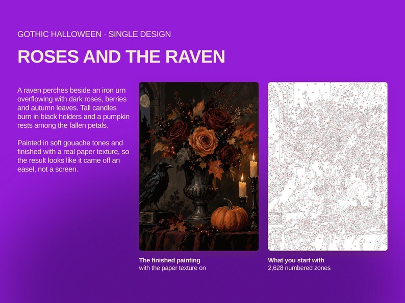 May include: A paint-by-number kit titled ROSES AND THE RAVEN featuring a finished painting of a black raven, an iron urn with dark roses, berries, autumn leaves, and lit candles, alongside a white outline template with 2,628 numbered zones.