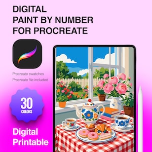 May include: A digital paint by number set for Procreate featuring a tablet displaying a window view of a garden with a table set for tea, including a teapot, cups, pastries, and a bouquet of pink flowers on a red and white checkered tablecloth.