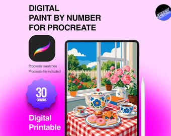 May include: A digital paint by number set for Procreate featuring a tablet displaying a window view of a garden with a table set for tea, including a teapot, cups, pastries, and a bouquet of pink flowers on a red and white checkered tablecloth.
