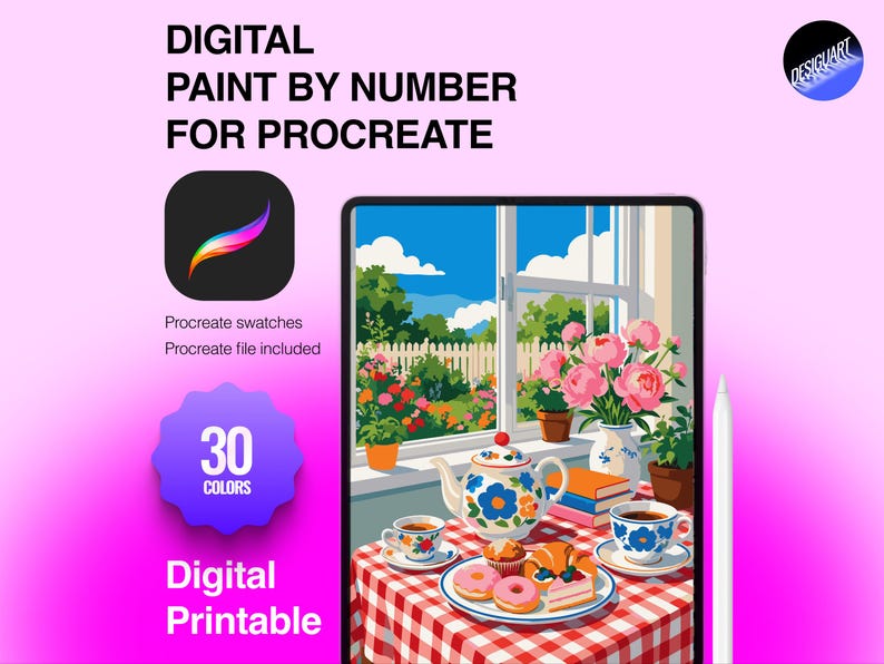 May include: A digital paint by number set for Procreate featuring a tablet displaying a window view of a garden with a table set for tea, including a teapot, cups, pastries, and a bouquet of pink flowers on a red and white checkered tablecloth.