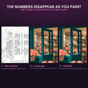 May include: A digital paint-by-number interface titled THE NUMBERS DISAPPEAR AS YOU PAINT. It shows three stages: 1 - the scheme with numbered outlines, 2 - as you go with partial coloring, and 3 - finished with a complete floral shop scene.