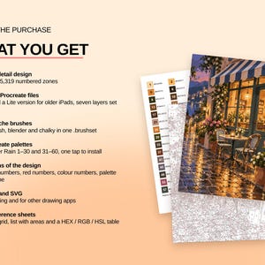 May include: A digital art kit featuring a numbered color reference sheet and a paint-by-number illustration of a cafe terrace at dusk. The text lists contents including 60 colors, 5,319 numbered zones, Procreate files, gouache brushes, and palettes.