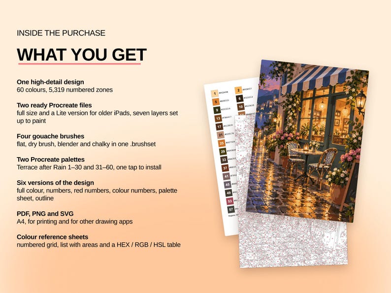May include: A digital art kit featuring a numbered color reference sheet and a paint-by-number illustration of a cafe terrace at dusk. The text lists contents including 60 colors, 5,319 numbered zones, Procreate files, gouache brushes, and palettes.