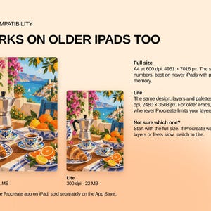 May include: An informational graphic about iPad compatibility for a digital art file. It displays two versions of a Mediterranean scene with a moka pot, croissants, and oranges. Text includes 'WORKS ON OLDER IPADS TOO', 'Full size', 'Lite', and technical specs.