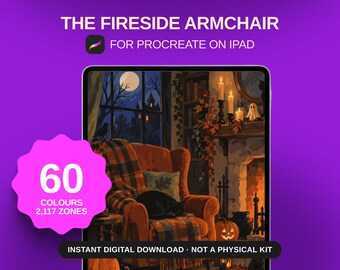 Puede incluir: Una ilustración digital titulada THE FIRESIDE ARMCHAIR FOR PROCREATE ON IPAD en la pantalla de una tableta. La obra muestra un sillón naranja, una chimenea, una calabaza y un gato. Un gráfico rosa indica 60 COLOURS 2,117 ZONES.