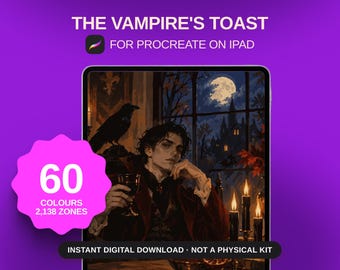 El brindis del vampiro para colorear por números: Caballero gótico con cuervo, página para colorear digital para Procreate