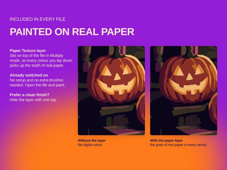 May include: A digital graphic display featuring the text INCLUDED IN EVERY FILE PAINTED ON REAL PAPER. It shows two side-by-side illustrations of a jack-o'-lantern pumpkin, one labeled Without the layer and one labeled With the paper layer.