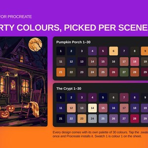May include: A digital color palette set for Procreate featuring two collections titled Pumpkin Porch 1-30 and The Crypt 1-30. Each set contains thirty numbered color swatches displayed in a grid, accompanied by an illustration of a house.